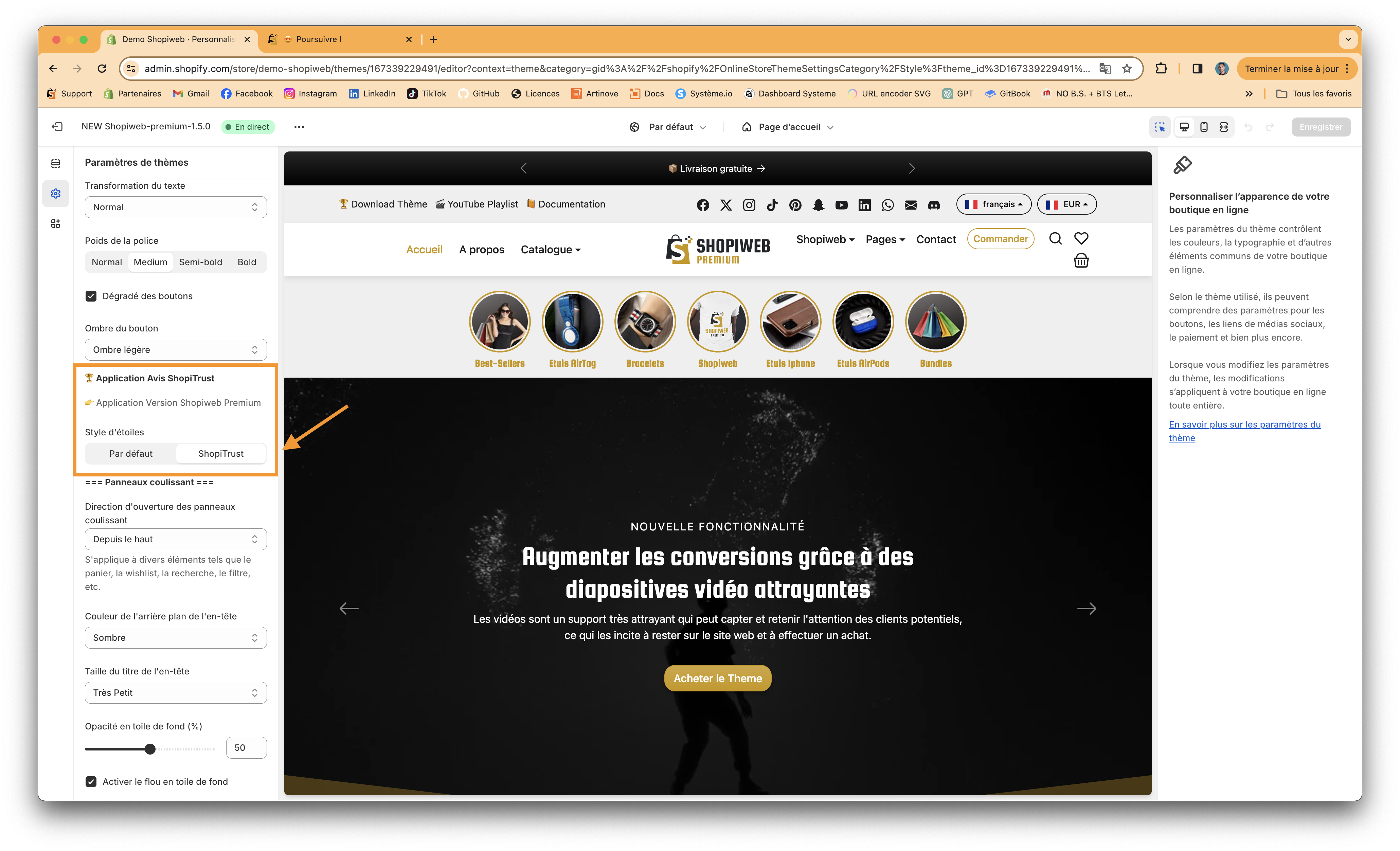 Capture d'écran de l'interface de personnalisation du thème SHOPIWEB PREMIUM pour l'activation de l'application SHOPITRUST