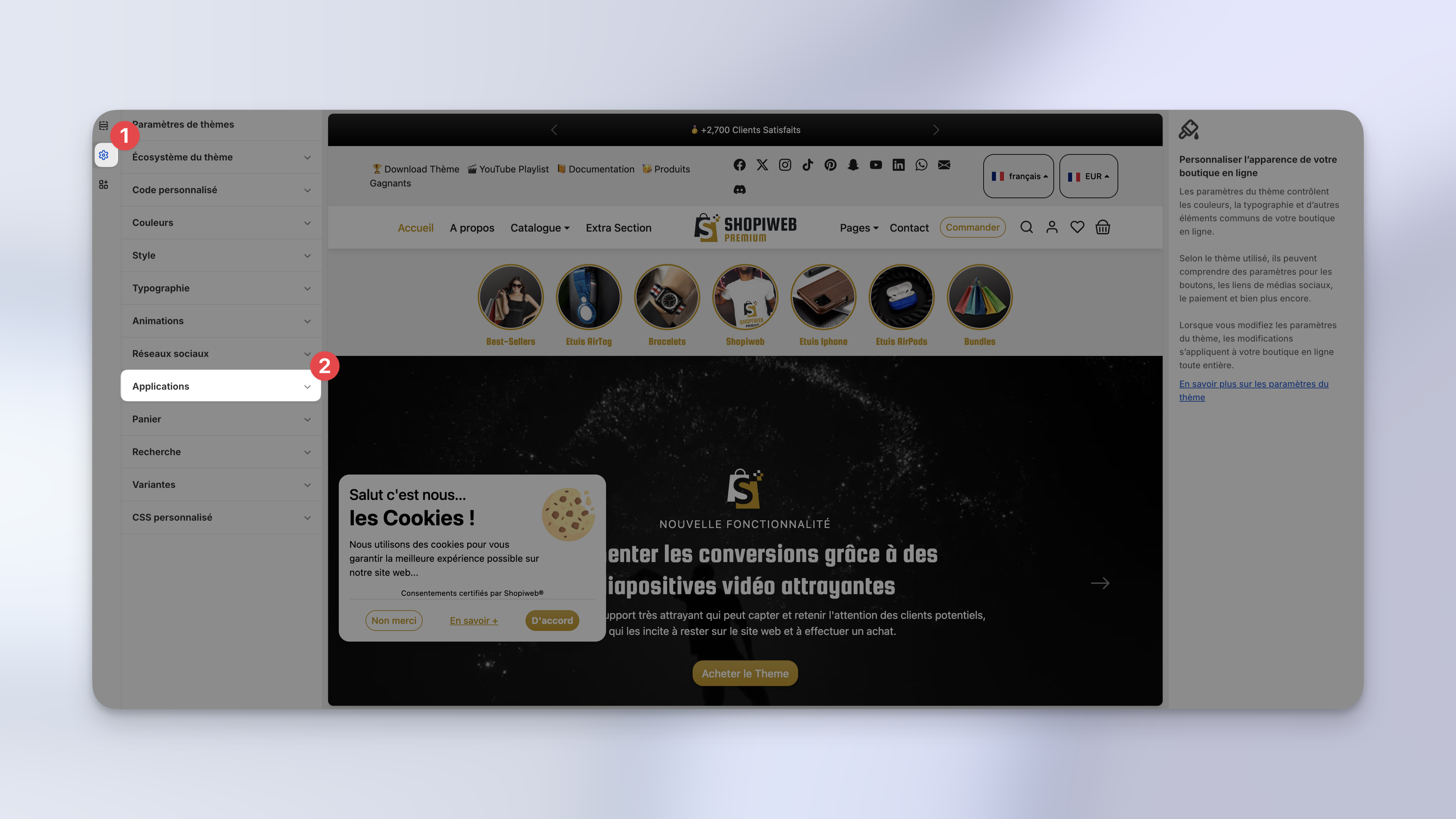 Depuis l'interface de personnalisation du thème, cliquer sur PARAMÈTRES DE THÈME puis sur APPLICATIONS