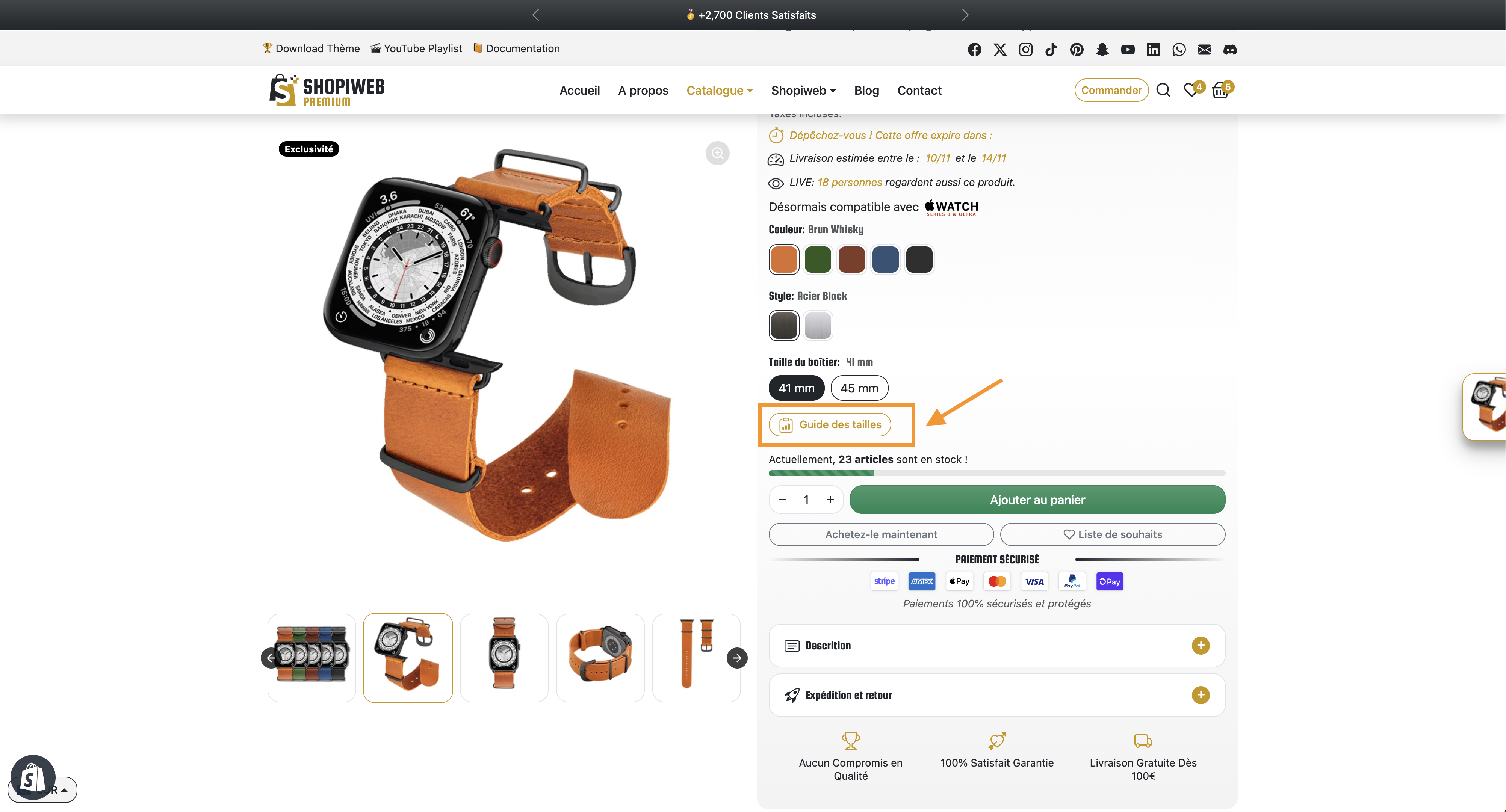 Capture d'écran de la personnalisation du thème Shopify SHOPIWEB PREMIUM pour paramétrer le bloc GUIDE DES TAILLES dans la section INFORMATIONS PRODUIT