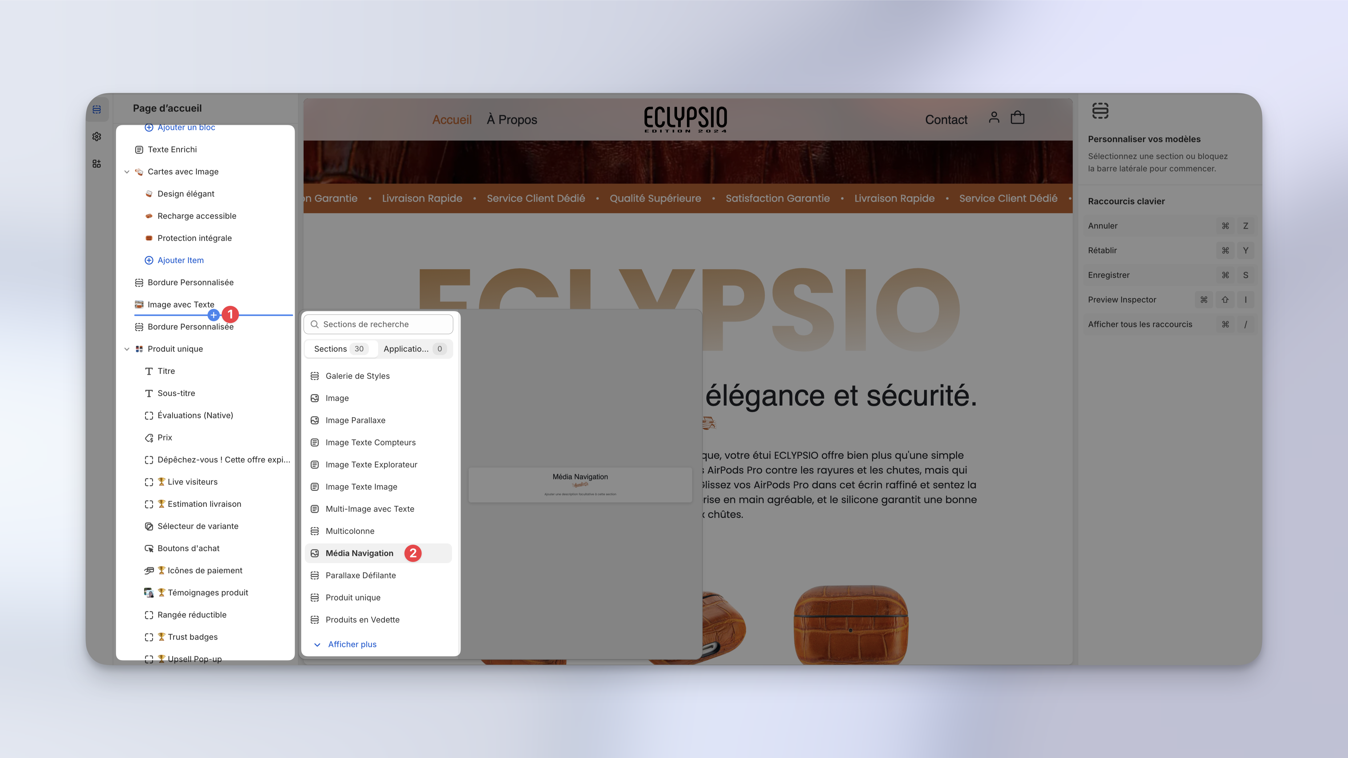 Capture d'écran de l'interface de personnalisation du thème SHOPIWEB PREMIUM, depuis laquelle vous pouvez ajouter une section MÉDIA NAVIGATION